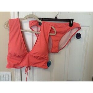 Decree Ribbed Bikini Set Tropical Coral Sz XXL Adjustable Straps Removable Cups
